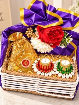 Decorative Gift Hamper Basket with Artificial Flowers Decorative Candle Holders Gift Pouch and Festive Decor Set for Home Decoration and Gifting