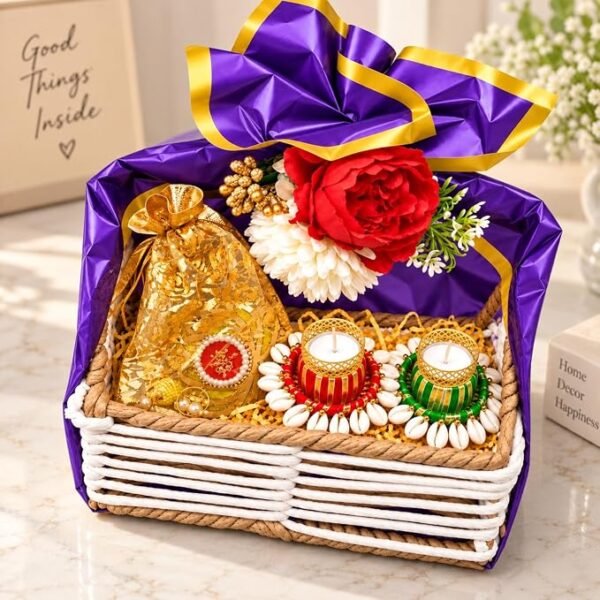 Decorative Gift Hamper Basket with Artificial Flowers Decorative Candle Holders Gift Pouch and Festive Decor Set for Home Decoration and Gifting