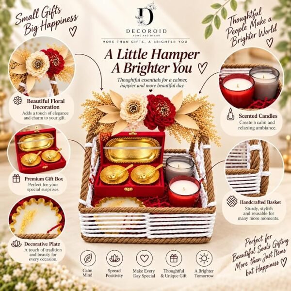 Decorative Gift Hamper Basket with Artificial Flowers Two Candle Holders Gift Box and Decorative Tray Festive Home Decor Set for Gifting