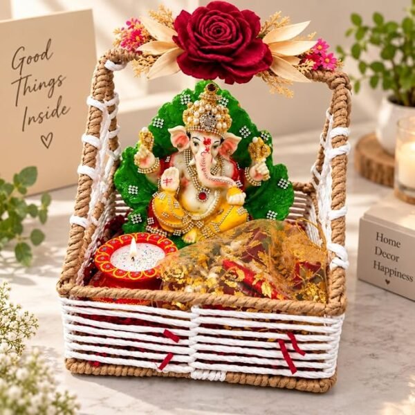Decorative Ganesh Gift Hamper Basket with Artificial Flowers Decorative Candle and Gift Pouch Festive Home Decor Set for Gifting