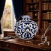 Mughal Blue Pottery Ceramic Vase 6 Inch Hand Painted Blue & White Decorative Flower Vase Glossy Table Vase for Living Room, Bedroom, Shelf, Office & Console Table Elegant Home Décor Accent