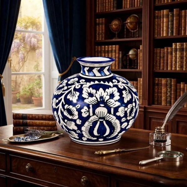 Mughal Blue Pottery Ceramic Vase 6 Inch Hand Painted Blue & White Decorative Flower Vase Glossy Table Vase for Living Room, Bedroom, Shelf, Office & Console Table Elegant Home Décor Accent