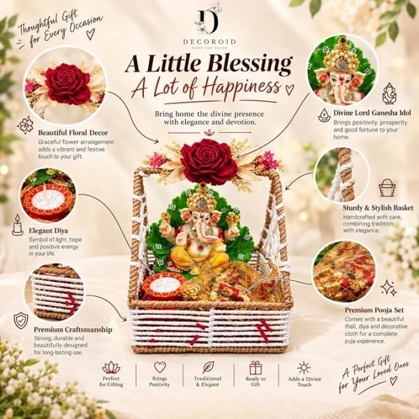Decorative Ganesh Gift Hamper Basket with Artificial Flowers Decorative Candle and Gift Pouch Festive Home Decor Set for Gifting