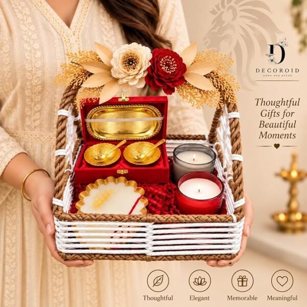 Decorative Gift Hamper Basket with Artificial Flowers Two Candle Holders Gift Box and Decorative Tray Festive Home Decor Set for Gifting