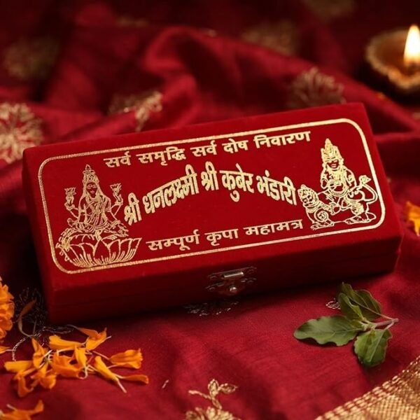 Shree Dhan Lakshmi Kuber Pooja Box Set with Religious Idols and Pooja Accessories Red Decorative Puja Box for Home Temple Worship Festive Decoration and Gifting