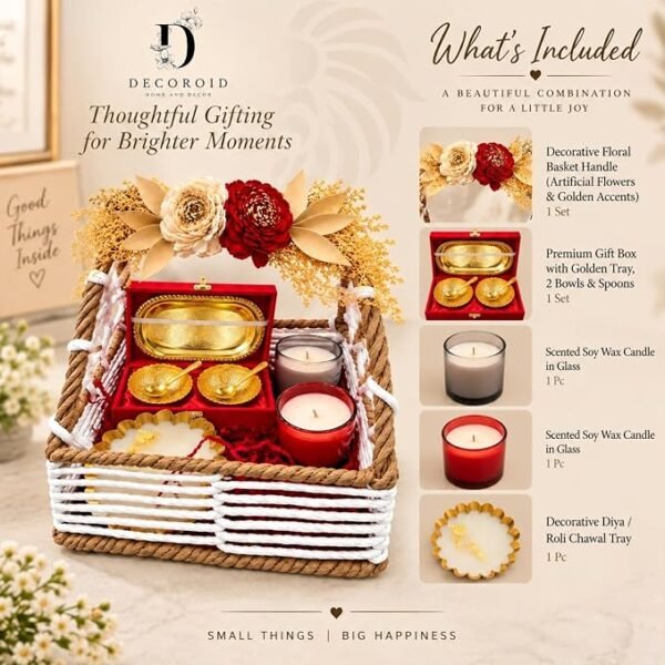 Decorative Gift Hamper Basket with Artificial Flowers Two Candle Holders Gift Box and Decorative Tray Festive Home Decor Set for Gifting