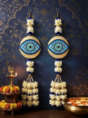 Fabric Artificial Flower Garland 24 Inch Wall Hanging Door Toran Evil Eye White Blue