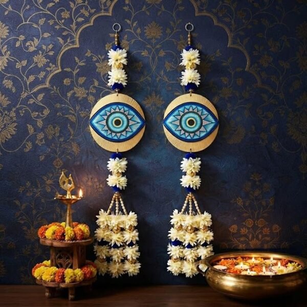 Fabric Artificial Flower Garland 24 Inch Wall Hanging Door Toran Evil Eye White Blue