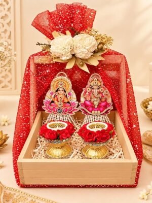 Lakshmi Ganesh Decorative Gift Hamper Basket with Artificial Flowers and Decorative Diyas Traditional Festive Home Decor Set for Gifting