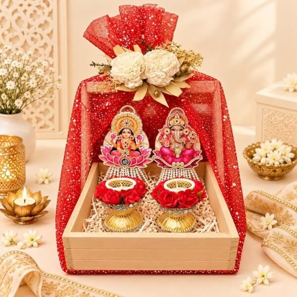Lakshmi Ganesh Decorative Gift Hamper Basket with Artificial Flowers and Decorative Diyas Traditional Festive Home Decor Set for Gifting