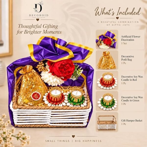 Decorative Gift Hamper Basket with Artificial Flowers Decorative Candle Holders Gift Pouch and Festive Decor Set for Home Decoration and Gifting