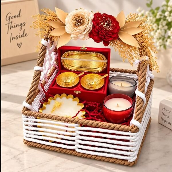 Decorative Gift Hamper Basket with Artificial Flowers Two Candle Holders Gift Box and Decorative Tray Festive Home Decor Set for Gifting