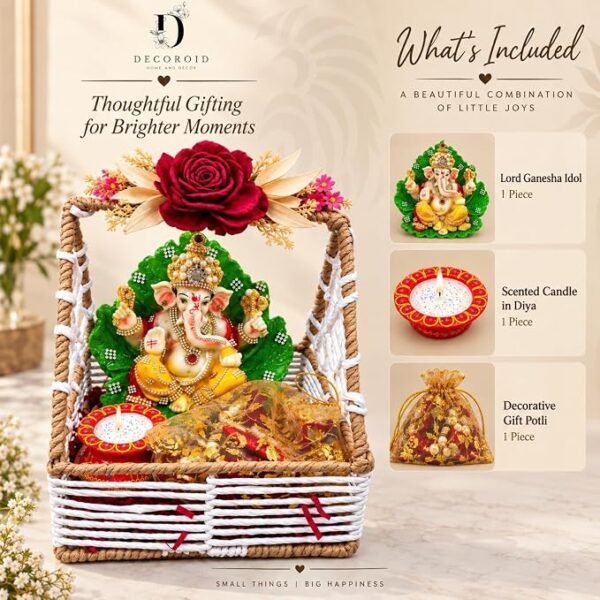 Decorative Ganesh Gift Hamper Basket with Artificial Flowers Decorative Candle and Gift Pouch Festive Home Decor Set for Gifting