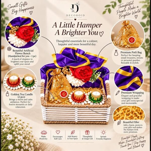 Decorative Gift Hamper Basket with Artificial Flowers Decorative Candle Holders Gift Pouch and Festive Decor Set for Home Decoration and Gifting