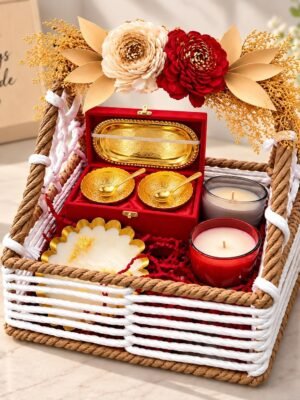 Lakshmi Ganesh Decorative Gift Hamper Basket with Artificial Flowers and Decorative Diyas Traditional Festive Home Decor Set for Gifting Brand: DECOROID