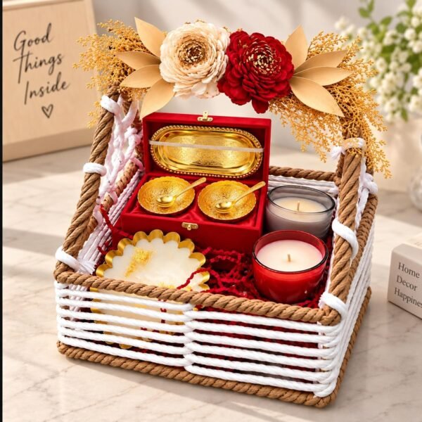 Lakshmi Ganesh Decorative Gift Hamper Basket with Artificial Flowers and Decorative Diyas Traditional Festive Home Decor Set for Gifting Brand: DECOROID