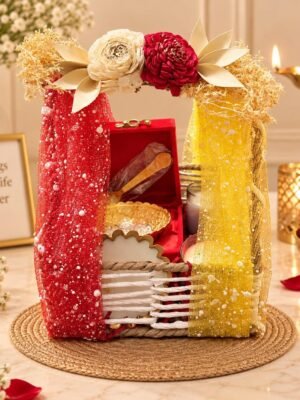 Decorative Gift Hamper Basket with Artificial Flowers, Candle Holders & Decorative Tray